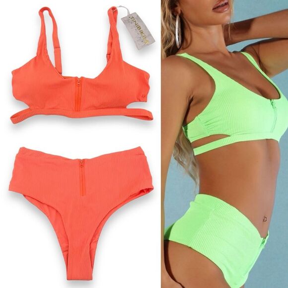 NWT TiniBikini Ribbed Two Piece Set Zipper Swimsuit Tangerine Orange Size Medium - Picture 2 of 14